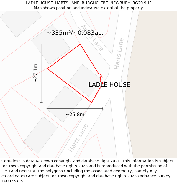 LADLE HOUSE, HARTS LANE, BURGHCLERE, NEWBURY, RG20 9HF: Plot and title map