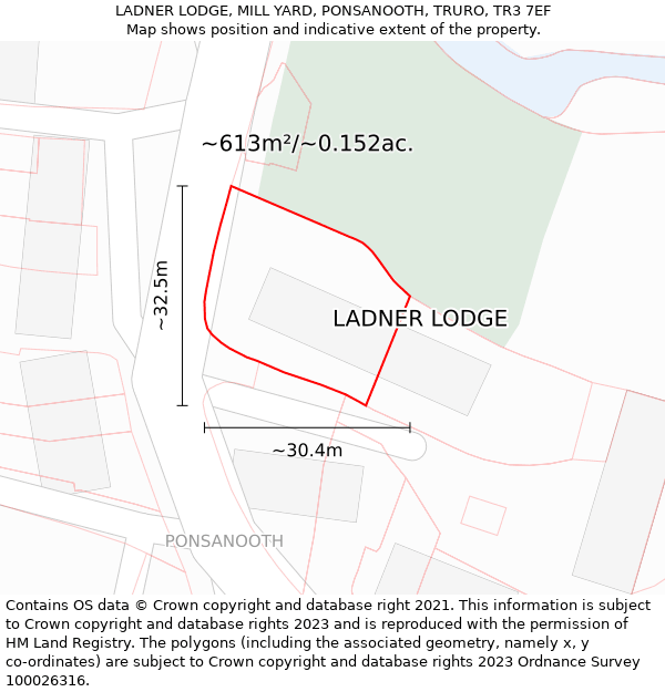 LADNER LODGE, MILL YARD, PONSANOOTH, TRURO, TR3 7EF: Plot and title map