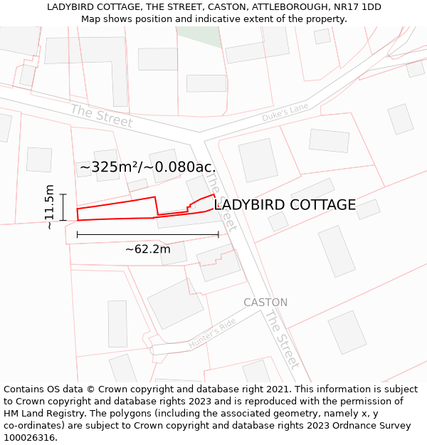 LADYBIRD COTTAGE, THE STREET, CASTON, ATTLEBOROUGH, NR17 1DD: Plot and title map