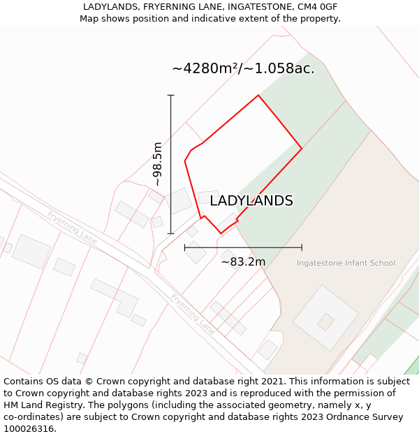 LADYLANDS, FRYERNING LANE, INGATESTONE, CM4 0GF: Plot and title map