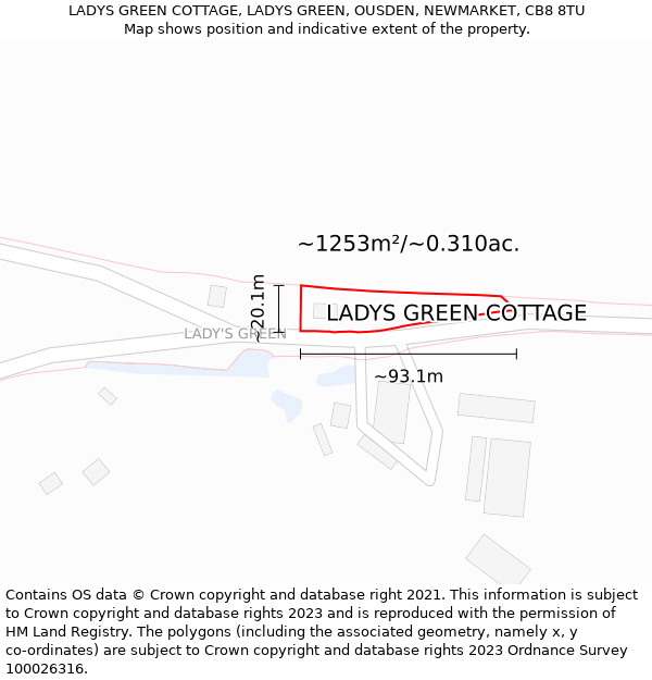 LADYS GREEN COTTAGE, LADYS GREEN, OUSDEN, NEWMARKET, CB8 8TU: Plot and title map