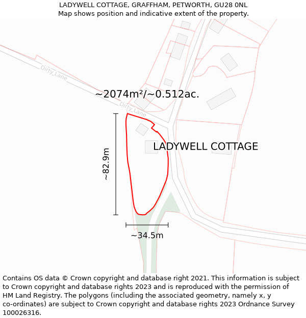 LADYWELL COTTAGE, GRAFFHAM, PETWORTH, GU28 0NL: Plot and title map