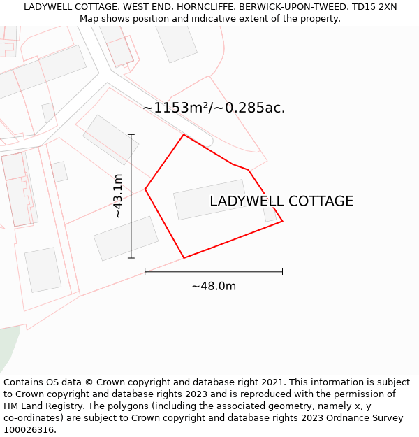LADYWELL COTTAGE, WEST END, HORNCLIFFE, BERWICK-UPON-TWEED, TD15 2XN: Plot and title map