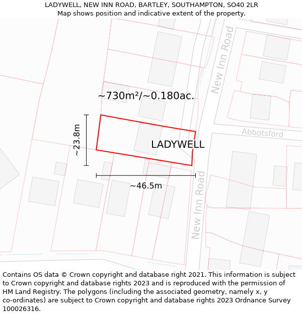 LADYWELL, NEW INN ROAD, BARTLEY, SOUTHAMPTON, SO40 2LR: Plot and title map