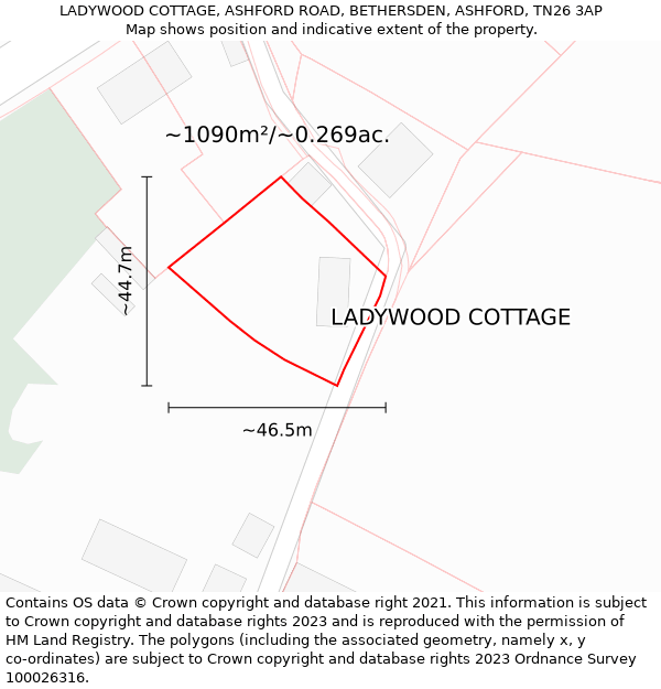 LADYWOOD COTTAGE, ASHFORD ROAD, BETHERSDEN, ASHFORD, TN26 3AP: Plot and title map