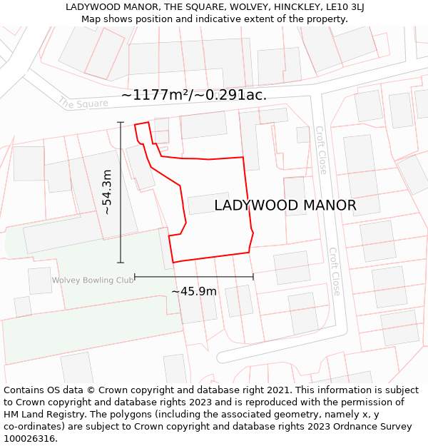 LADYWOOD MANOR, THE SQUARE, WOLVEY, HINCKLEY, LE10 3LJ: Plot and title map