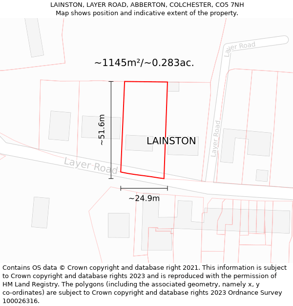 LAINSTON, LAYER ROAD, ABBERTON, COLCHESTER, CO5 7NH: Plot and title map