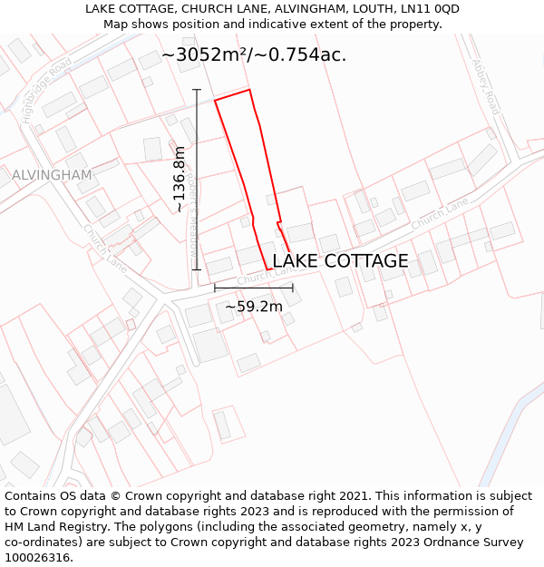 LAKE COTTAGE, CHURCH LANE, ALVINGHAM, LOUTH, LN11 0QD: Plot and title map