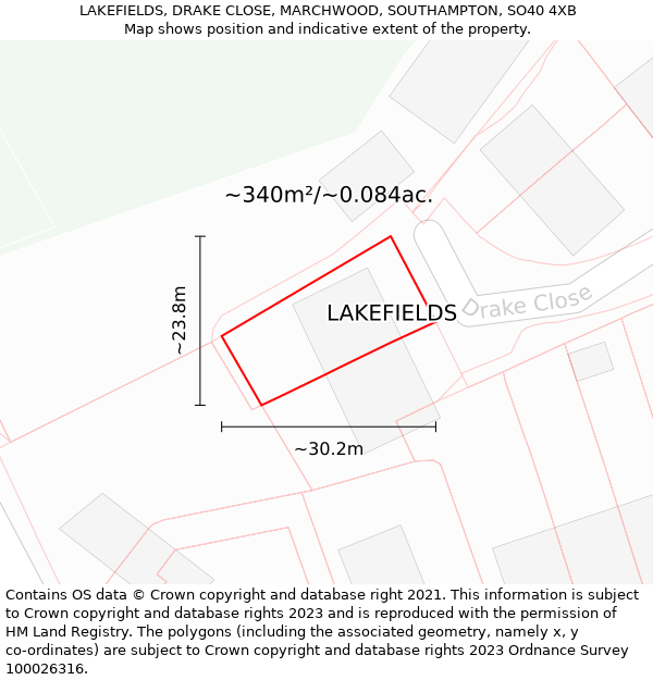 LAKEFIELDS, DRAKE CLOSE, MARCHWOOD, SOUTHAMPTON, SO40 4XB: Plot and title map