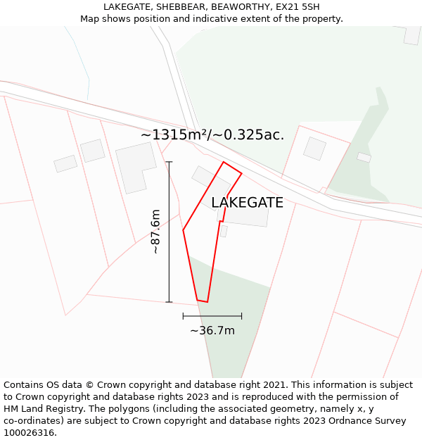 LAKEGATE, SHEBBEAR, BEAWORTHY, EX21 5SH: Plot and title map