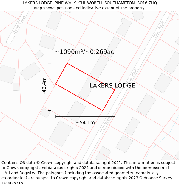 LAKERS LODGE, PINE WALK, CHILWORTH, SOUTHAMPTON, SO16 7HQ: Plot and title map