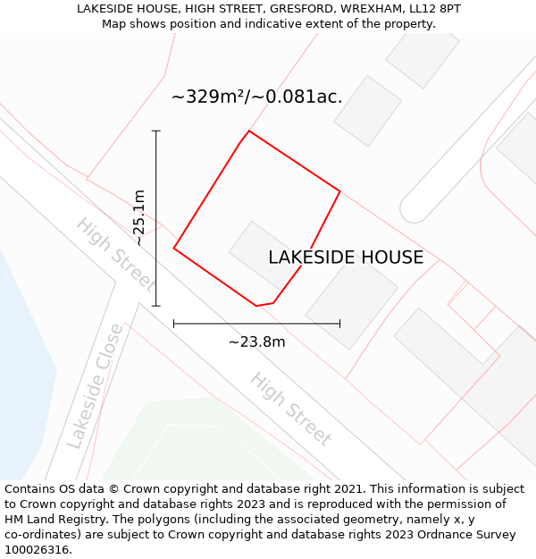 LAKESIDE HOUSE, HIGH STREET, GRESFORD, WREXHAM, LL12 8PT: Plot and title map