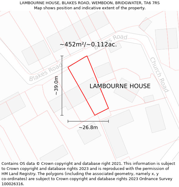 LAMBOURNE HOUSE, BLAKES ROAD, WEMBDON, BRIDGWATER, TA6 7RS: Plot and title map