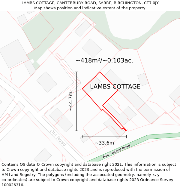 LAMBS COTTAGE, CANTERBURY ROAD, SARRE, BIRCHINGTON, CT7 0JY: Plot and title map