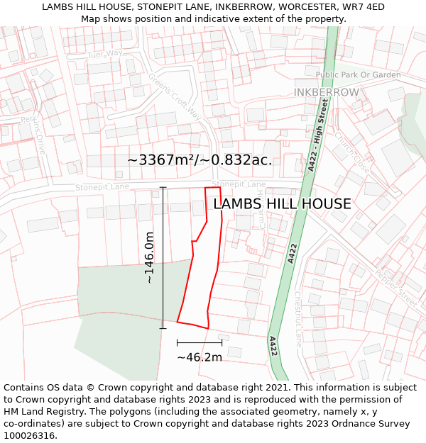 LAMBS HILL HOUSE, STONEPIT LANE, INKBERROW, WORCESTER, WR7 4ED: Plot and title map