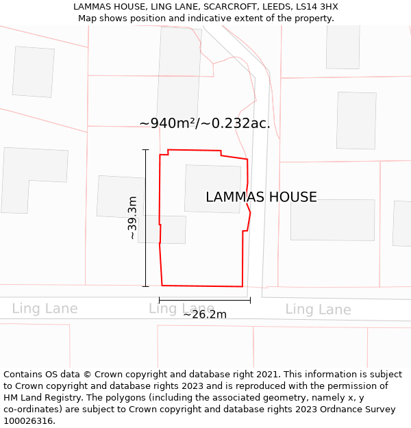 LAMMAS HOUSE, LING LANE, SCARCROFT, LEEDS, LS14 3HX: Plot and title map
