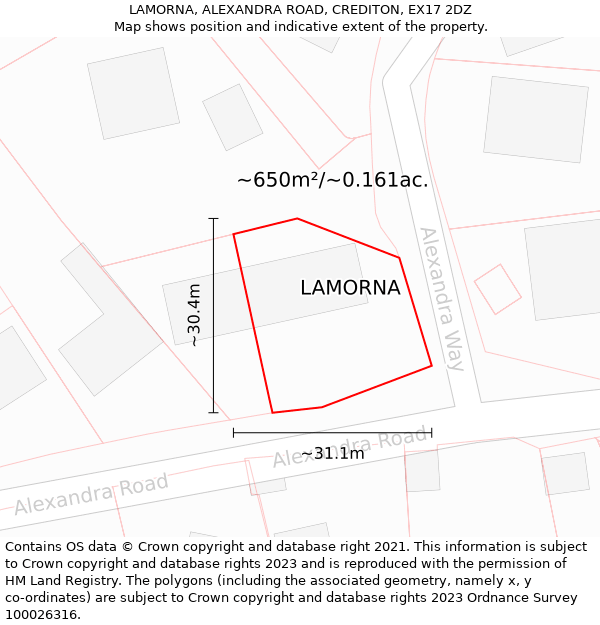 LAMORNA, ALEXANDRA ROAD, CREDITON, EX17 2DZ: Plot and title map