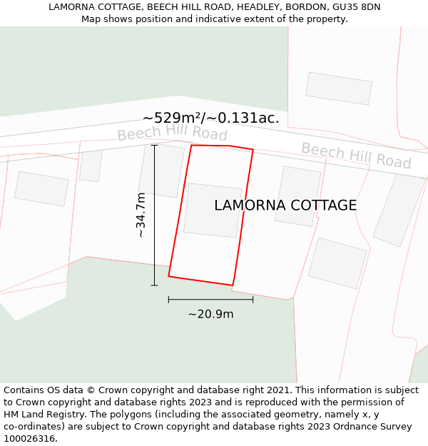 LAMORNA COTTAGE, BEECH HILL ROAD, HEADLEY, BORDON, GU35 8DN: Plot and title map