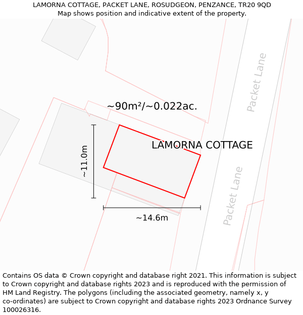 LAMORNA COTTAGE, PACKET LANE, ROSUDGEON, PENZANCE, TR20 9QD: Plot and title map