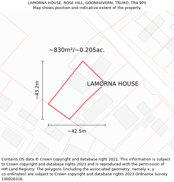 LAMORNA HOUSE, ROSE HILL, GOONHAVERN, TRURO, TR4 9PX: Plot and title map