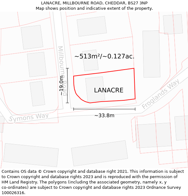 LANACRE, MILLBOURNE ROAD, CHEDDAR, BS27 3NP: Plot and title map
