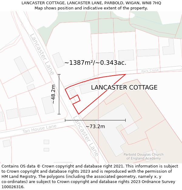 LANCASTER COTTAGE, LANCASTER LANE, PARBOLD, WIGAN, WN8 7HQ: Plot and title map