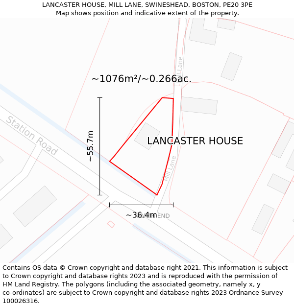 LANCASTER HOUSE, MILL LANE, SWINESHEAD, BOSTON, PE20 3PE: Plot and title map