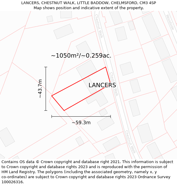 LANCERS, CHESTNUT WALK, LITTLE BADDOW, CHELMSFORD, CM3 4SP: Plot and title map