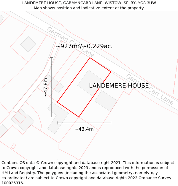 LANDEMERE HOUSE, GARMANCARR LANE, WISTOW, SELBY, YO8 3UW: Plot and title map