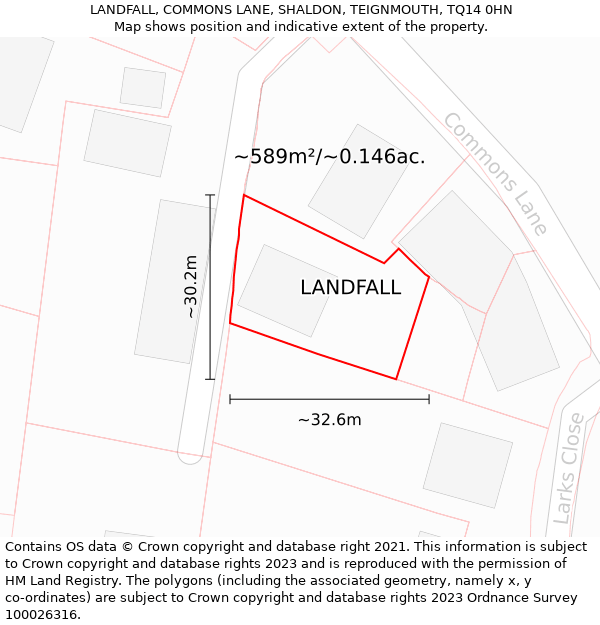 LANDFALL, COMMONS LANE, SHALDON, TEIGNMOUTH, TQ14 0HN: Plot and title map