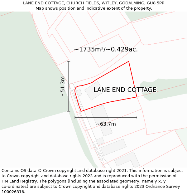 LANE END COTTAGE, CHURCH FIELDS, WITLEY, GODALMING, GU8 5PP: Plot and title map