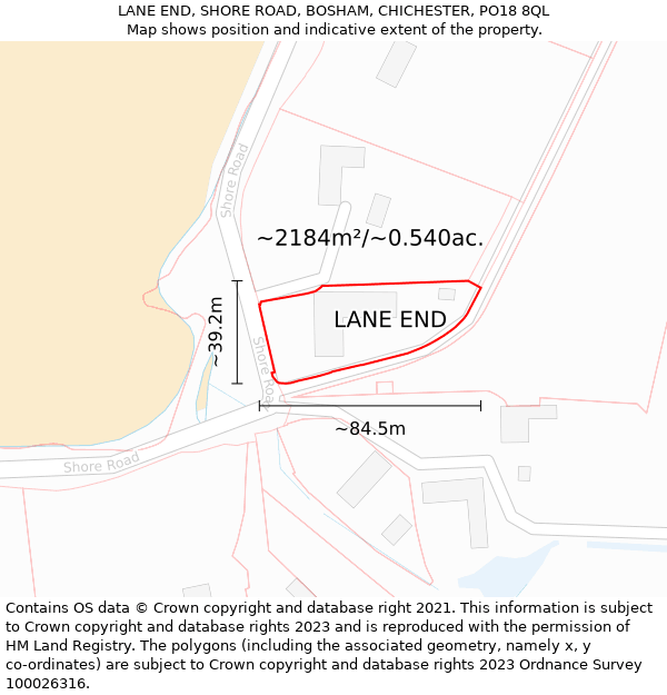 LANE END, SHORE ROAD, BOSHAM, CHICHESTER, PO18 8QL: Plot and title map