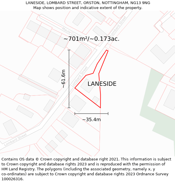 LANESIDE, LOMBARD STREET, ORSTON, NOTTINGHAM, NG13 9NG: Plot and title map