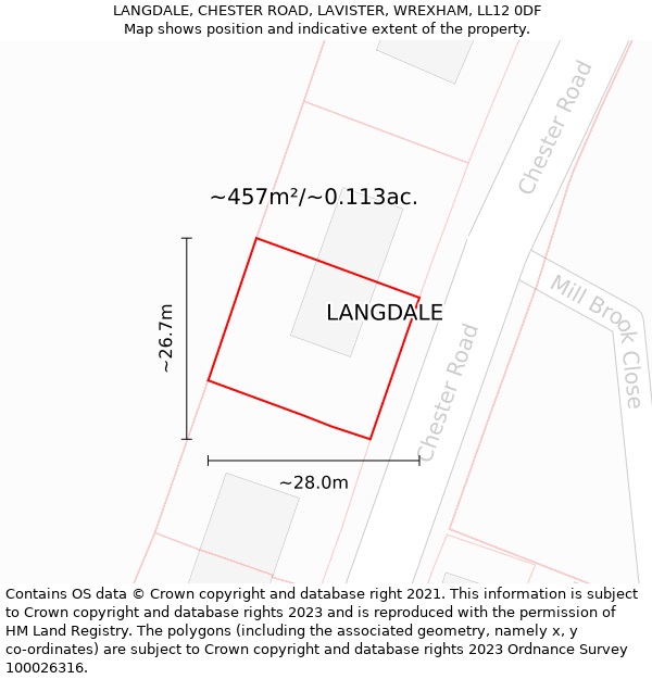 LANGDALE, CHESTER ROAD, LAVISTER, WREXHAM, LL12 0DF: Plot and title map