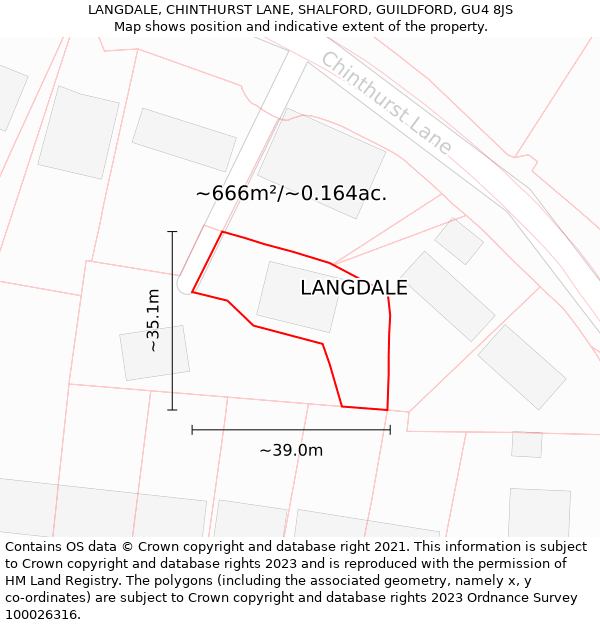 LANGDALE, CHINTHURST LANE, SHALFORD, GUILDFORD, GU4 8JS: Plot and title map