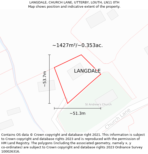 LANGDALE, CHURCH LANE, UTTERBY, LOUTH, LN11 0TH: Plot and title map
