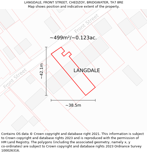 LANGDALE, FRONT STREET, CHEDZOY, BRIDGWATER, TA7 8RE: Plot and title map