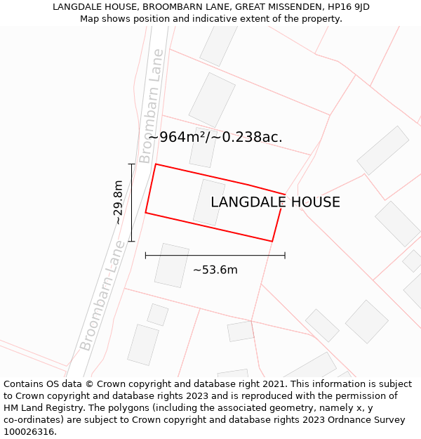 LANGDALE HOUSE, BROOMBARN LANE, GREAT MISSENDEN, HP16 9JD: Plot and title map