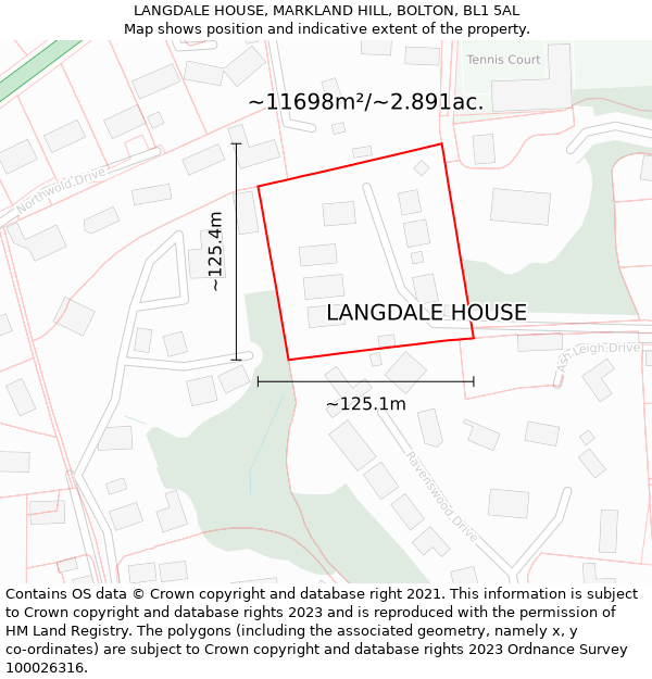 LANGDALE HOUSE, MARKLAND HILL, BOLTON, BL1 5AL: Plot and title map