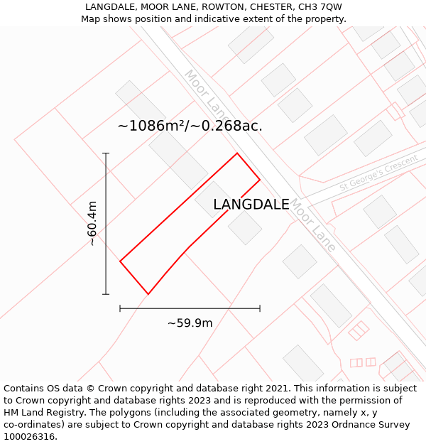 LANGDALE, MOOR LANE, ROWTON, CHESTER, CH3 7QW: Plot and title map