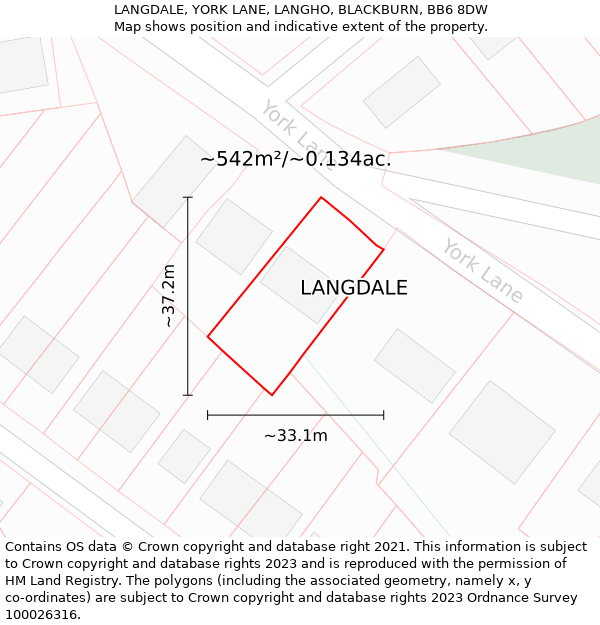 LANGDALE, YORK LANE, LANGHO, BLACKBURN, BB6 8DW: Plot and title map