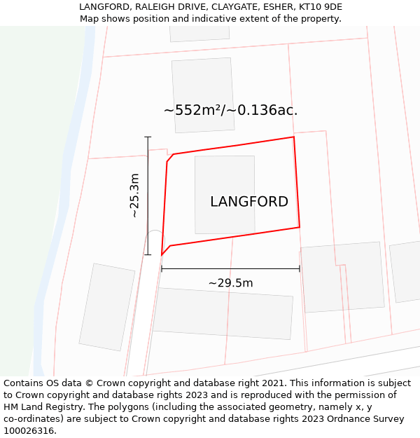 LANGFORD, RALEIGH DRIVE, CLAYGATE, ESHER, KT10 9DE: Plot and title map