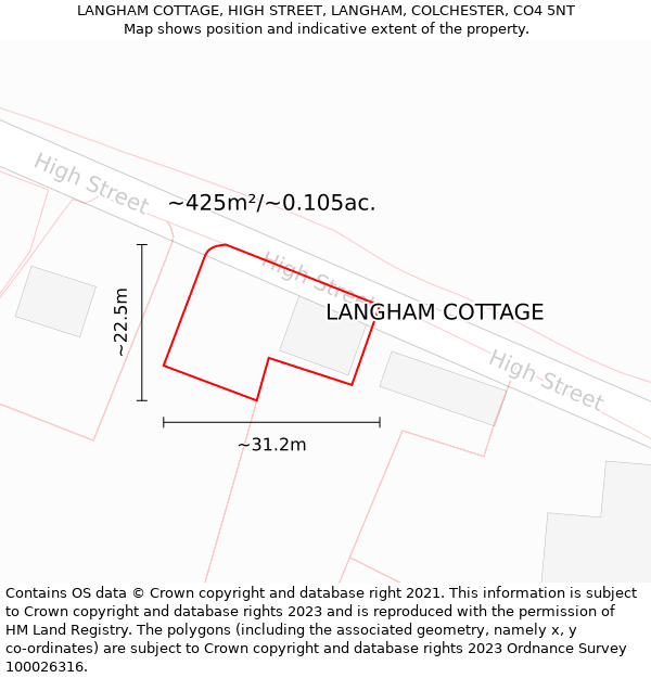 LANGHAM COTTAGE, HIGH STREET, LANGHAM, COLCHESTER, CO4 5NT: Plot and title map