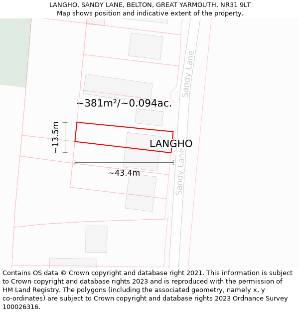 LANGHO, SANDY LANE, BELTON, GREAT YARMOUTH, NR31 9LT: Plot and title map