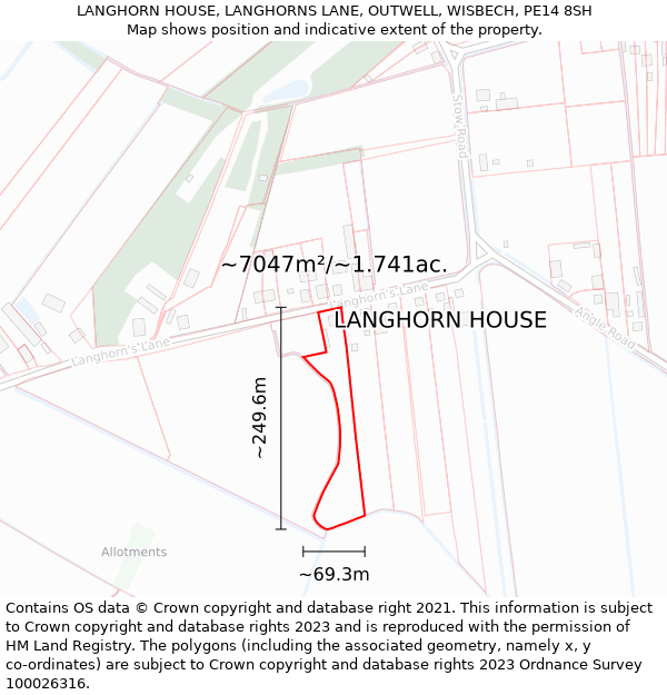 LANGHORN HOUSE, LANGHORNS LANE, OUTWELL, WISBECH, PE14 8SH: Plot and title map