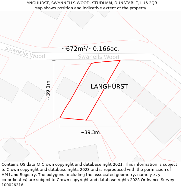 LANGHURST, SWANNELLS WOOD, STUDHAM, DUNSTABLE, LU6 2QB: Plot and title map