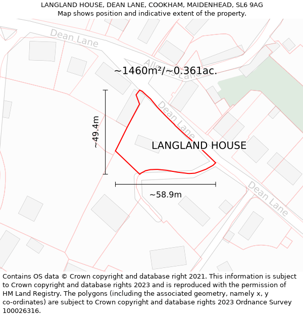 LANGLAND HOUSE, DEAN LANE, COOKHAM, MAIDENHEAD, SL6 9AG: Plot and title map