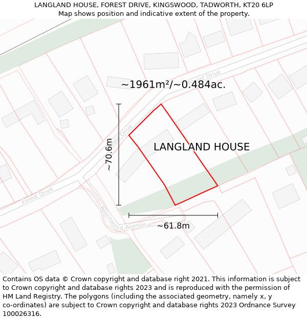 LANGLAND HOUSE, FOREST DRIVE, KINGSWOOD, TADWORTH, KT20 6LP: Plot and title map