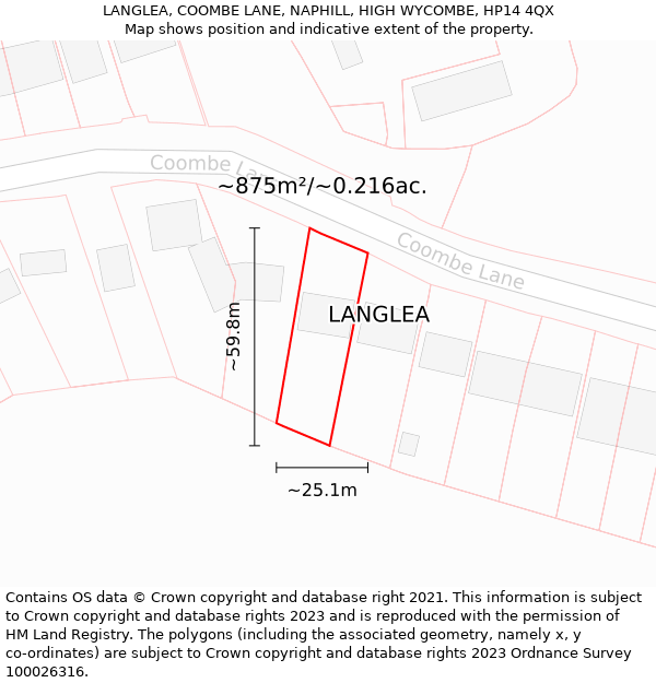 LANGLEA, COOMBE LANE, NAPHILL, HIGH WYCOMBE, HP14 4QX: Plot and title map