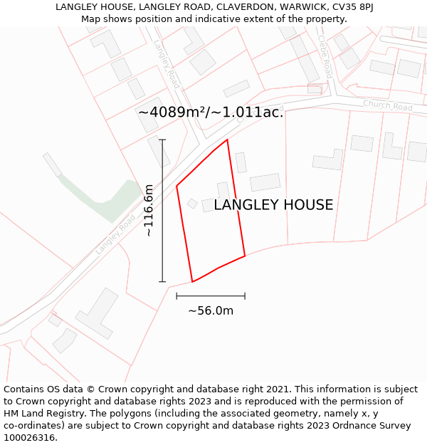 LANGLEY HOUSE, LANGLEY ROAD, CLAVERDON, WARWICK, CV35 8PJ: Plot and title map